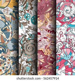 Set of tracery colorful seamless patterns. Curved doodling backgrounds for textile or printing with mehndi and ethnic motives. Vector.