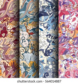 Set of tracery colorful seamless patterns. Curved doodling backgrounds for textile or printing with mehndi and ethnic motives. Vector.