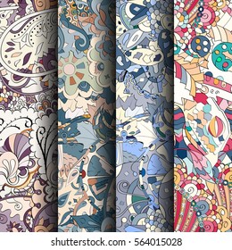 Set of tracery colorful seamless patterns. Curved doodling backgrounds for textile or printing with mehndi and ethnic motives. Vector.