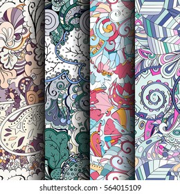 Set of tracery colorful seamless patterns. Curved doodling backgrounds for textile or printing with mehndi and ethnic motives. Vector.