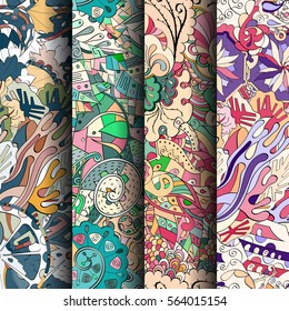 Set of tracery colorful seamless patterns. Curved doodling backgrounds for textile or printing with mehndi and ethnic motives. Vector.