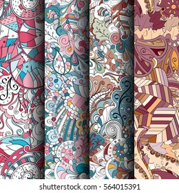 Set of tracery colorful seamless patterns. Curved doodling backgrounds for textile or printing with mehndi and ethnic motives. Vector.