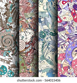 Set of tracery colorful seamless patterns. Curved doodling backgrounds for textile or printing with mehndi and ethnic motives. Vector.