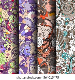 Set of tracery colorful seamless patterns. Curved doodling backgrounds for textile or printing with mehndi and ethnic motives. Vector.