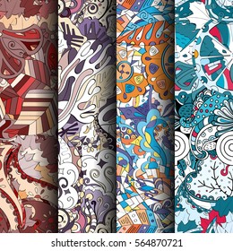 Set of tracery colorful seamless patterns. Curved doodling backgrounds for textile or printing with mehndi and ethnic motives. Vector.