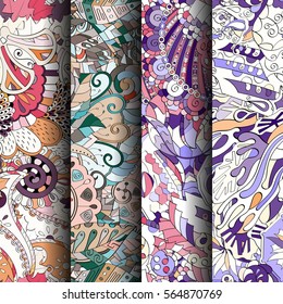 Set of tracery colorful seamless patterns. Curved doodling backgrounds for textile or printing with mehndi and ethnic motives. Vector.