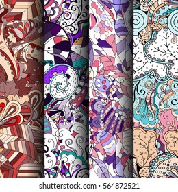 Set of tracery colorful seamless patterns. Curved doodling backgrounds for textile or printing with mehndi and ethnic motives. Vector.