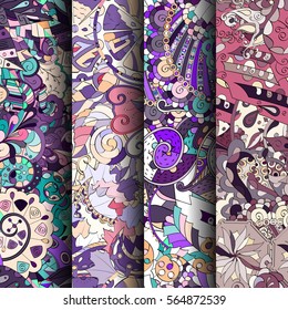 Set of tracery colorful seamless patterns. Curved doodling backgrounds for textile or printing with mehndi and ethnic motives. Vector.