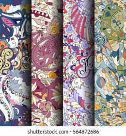 Set of tracery colorful seamless patterns. Curved doodling backgrounds for textile or printing with mehndi and ethnic motives. Vector.