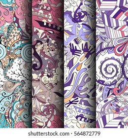 Set of tracery colorful seamless patterns. Curved doodling backgrounds for textile or printing with mehndi and ethnic motives. Vector.