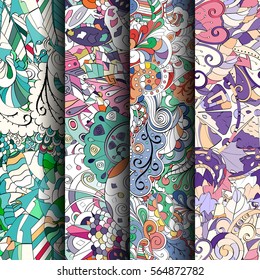 Set of tracery colorful seamless patterns. Curved doodling backgrounds for textile or printing with mehndi and ethnic motives. Vector.