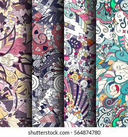 Set of tracery colorful seamless patterns. Curved doodling backgrounds for textile or printing with mehndi and ethnic motives. Vector.