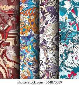 Set of tracery colorful seamless patterns. Curved doodling backgrounds for textile or printing with mehndi and ethnic motives. Vector.
