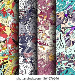 Set of tracery colorful seamless patterns. Curved doodling backgrounds for textile or printing with mehndi and ethnic motives. Vector.
