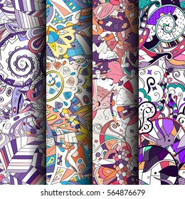 Set of tracery colorful seamless patterns. Curved doodling backgrounds for textile or printing with mehndi and ethnic motives. Vector.