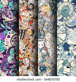Set of tracery colorful seamless patterns. Curved doodling backgrounds for textile or printing with mehndi and ethnic motives. Vector.