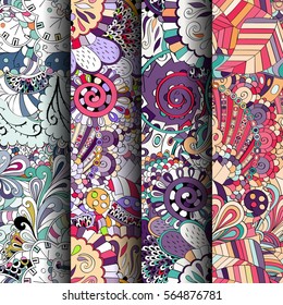 Set of tracery colorful seamless patterns. Curved doodling backgrounds for textile or printing with mehndi and ethnic motives. Vector.
