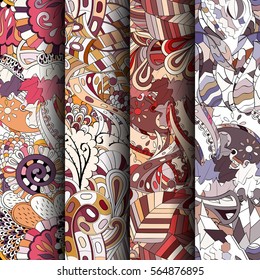 Set of tracery colorful seamless patterns. Curved doodling backgrounds for textile or printing with mehndi and ethnic motives. Vector.