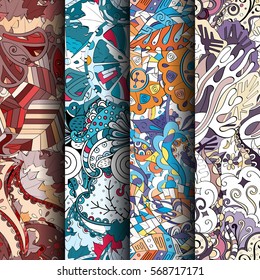 Set of tracery colorful seamless patterns. Curved doodling backgrounds for textile or printing with mehndi and ethnic motives. Vector.