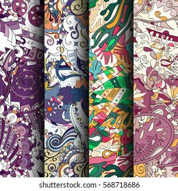 Set of tracery colorful seamless patterns. Curved doodling backgrounds for textile or printing with mehndi and ethnic motives. Vector.