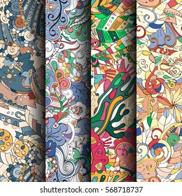Set of tracery colorful seamless patterns. Curved doodling backgrounds for textile or printing with mehndi and ethnic motives. Vector.