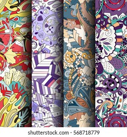 Set of tracery colorful seamless patterns. Curved doodling backgrounds for textile or printing with mehndi and ethnic motives. Vector.