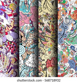 Set of tracery colorful seamless patterns. Curved doodling backgrounds for textile or printing with mehndi and ethnic motives. Vector.