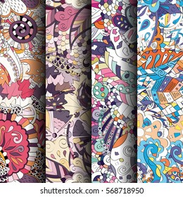 Set of tracery colorful seamless patterns. Curved doodling backgrounds for textile or printing with mehndi and ethnic motives. Vector.