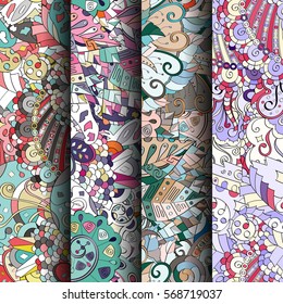 Set of tracery colorful seamless patterns. Curved doodling backgrounds for textile or printing with mehndi and ethnic motives. Vector.