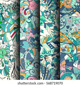 Set of tracery colorful seamless patterns. Curved doodling backgrounds for textile or printing with mehndi and ethnic motives. Vector.