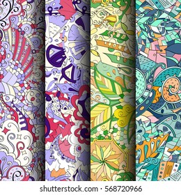 Set of tracery colorful seamless patterns. Curved doodling backgrounds for textile or printing with mehndi and ethnic motives. Vector.