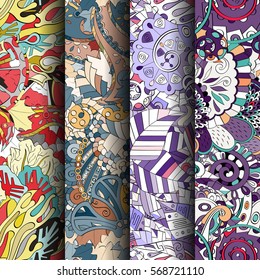 Set of tracery colorful seamless patterns. Curved doodling backgrounds for textile or printing with mehndi and ethnic motives. Vector.