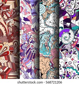 Set of tracery colorful seamless patterns. Curved doodling backgrounds for textile or printing with mehndi and ethnic motives. Vector.