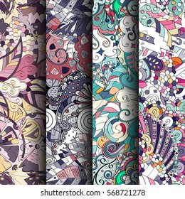 Set of tracery colorful seamless patterns. Curved doodling backgrounds for textile or printing with mehndi and ethnic motives. Vector.
