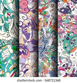 Set of tracery colorful seamless patterns. Curved doodling backgrounds for textile or printing with mehndi and ethnic motives. Vector.