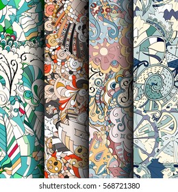 Set of tracery colorful seamless patterns. Curved doodling backgrounds for textile or printing with mehndi and ethnic motives. Vector.