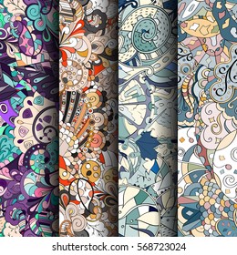 Set of tracery colorful seamless patterns. Curved doodling backgrounds for textile or printing with mehndi and ethnic motives. Vector.