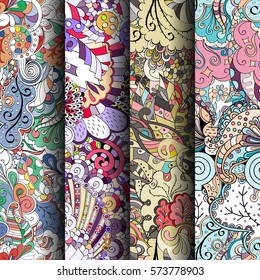 Set of tracery colorful seamless patterns. Curved doodling backgrounds for textile or printing with mehndi and ethnic motives. Vector.