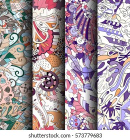 Set of tracery colorful seamless patterns. Curved doodling backgrounds for textile or printing with mehndi and ethnic motives. Vector.