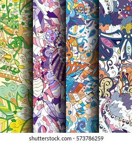 Set of tracery colorful seamless patterns. Curved doodling backgrounds for textile or printing with mehndi and ethnic motives. Vector.
