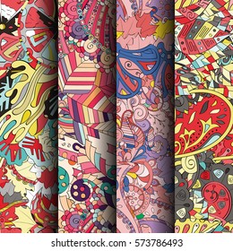 Set of tracery colorful seamless patterns. Curved doodling backgrounds for textile or printing with mehndi and ethnic motives. Vector.