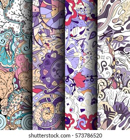 Set of tracery colorful seamless patterns. Curved doodling backgrounds for textile or printing with mehndi and ethnic motives. Vector.