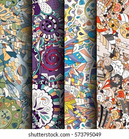 Set of tracery colorful seamless patterns. Curved doodling backgrounds for textile or printing with mehndi and ethnic motives. Vector.