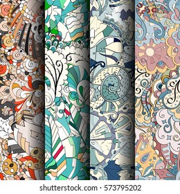 Set of tracery colorful seamless patterns. Curved doodling backgrounds for textile or printing with mehndi and ethnic motives. Vector.