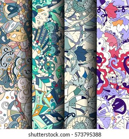 Set of tracery colorful seamless patterns. Curved doodling backgrounds for textile or printing with mehndi and ethnic motives. Vector.