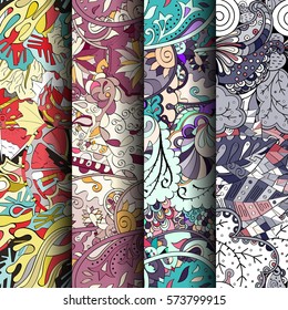 Set of tracery colorful seamless patterns. Curved doodling backgrounds for textile or printing with mehndi and ethnic motives. Vector.
