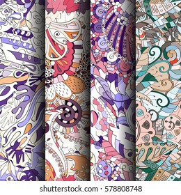 Set of tracery colorful seamless patterns. Curved doodling backgrounds for textile or printing with mehndi and ethnic motives. Vector.