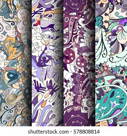 Set of tracery colorful seamless patterns. Curved doodling backgrounds for textile or printing with mehndi and ethnic motives. Vector.