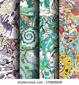 Set of tracery colorful seamless patterns. Curved doodling backgrounds for textile or printing with mehndi and ethnic motives. Vector.