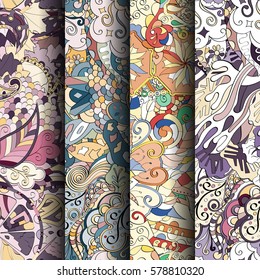 Set of tracery colorful seamless patterns. Curved doodling backgrounds for textile or printing with mehndi and ethnic motives. Vector.